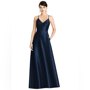 Alfred Sung V-Neck Full Skirt Satin Maxi Dress